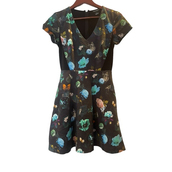 Club Monaco Aurelie Floral Fit And Flare Butterflies Dress Pockets Black Size 2 - Picture 7 of 10